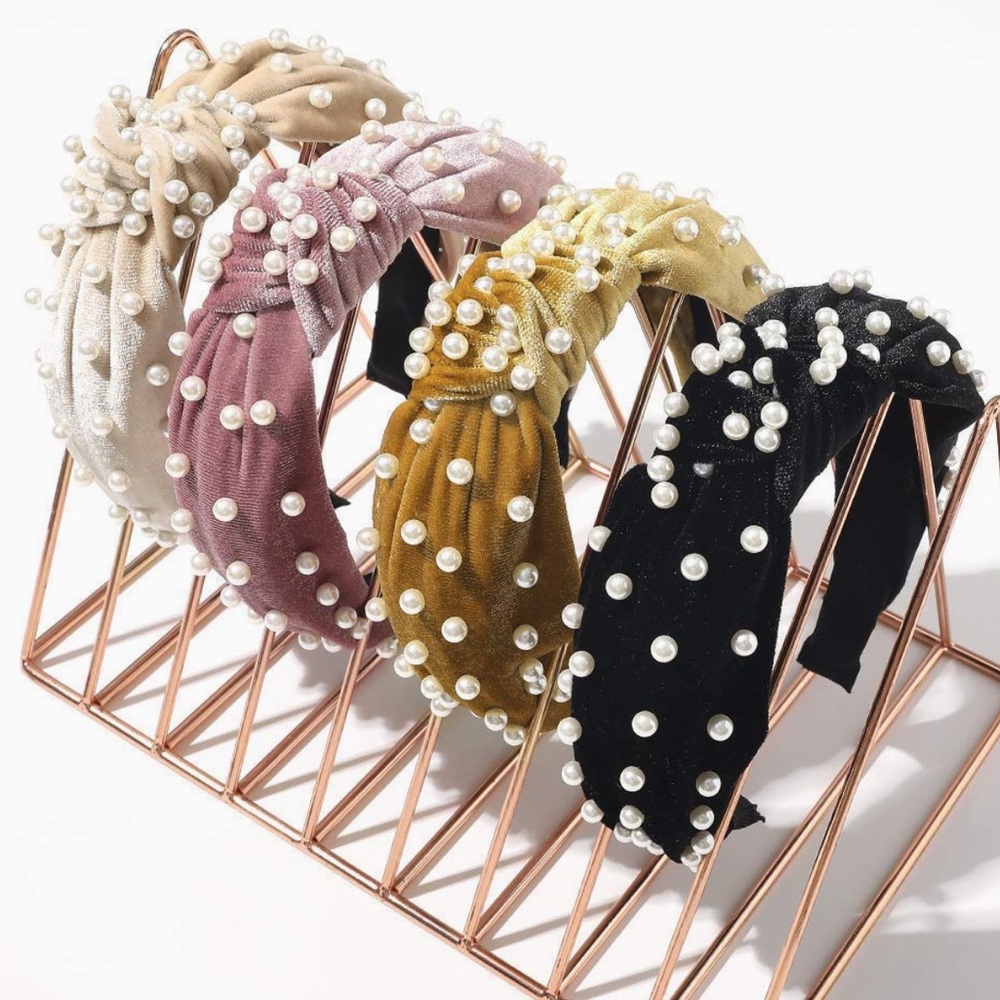 Velvet Headband with Pearls (Black, Champagne, Pink & Cream ) New Boutique